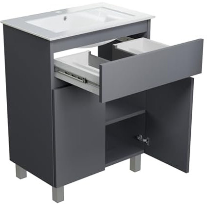 paplinskimoebel Meuble Salle de Bain 60 cm avec Vasque Ariza Sink | Meuble sous lavabo avec 1 tiroir et 2 Portes | Suspendu ou Debout | Gris Mat