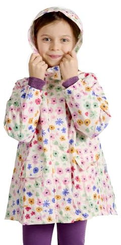 PERLETTI Giacca Impermeabile Bambina - Trench Antipioggia Antivento Bimba con Cappuccio e Cerniera - Poncho Leggero Versatile con Tasche Frontali e Polsini Elasticizzati (6-7 Anni, Fiori)