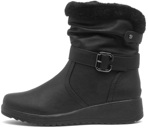 Softlites Womens Black Buckle Faux Fur Wedge Boot - Size 6 UK - Black