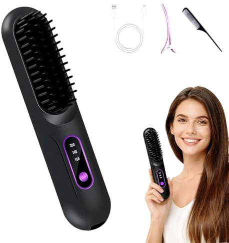 2 In 1 Glätteisen Locken und Glätten, 2026 Neu Mini Haarglätter für Haar Glätten 3 Wärmestufen Kabellos, Mini Bürste mit LED Anzeige und 3 Wärmestufen für Anwendung Unterwegs (Schwarz)