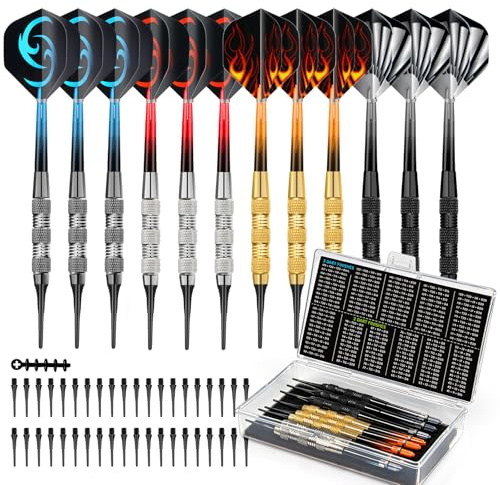 HUANQU 12 Pack Soft Tip Darts Set 17g – Plastic Tip Darts for Electronic Dart board Darts with Case 40 Extra Dart Points 4 Colour dart Flights & Dart Wrench – Darts Set for Beginners & Bar Games