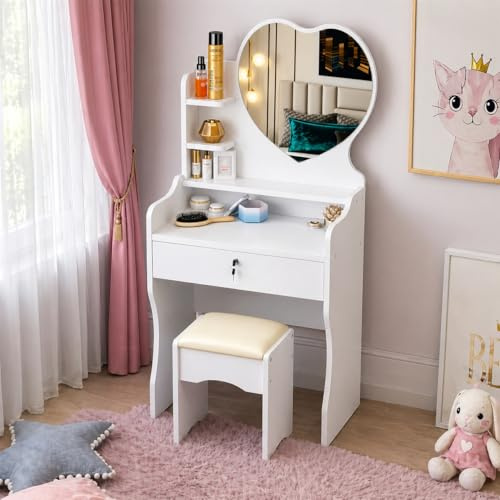 GrecoShop Scrivania Bambini Toeletta Vanity Table Tavolo Trucco Specchio e Sgabello, Mobile Make‑Up+Cassetto e Ripiani, Postazione Trucco per Ragazze e Bambine, Arredo Bianco per Camera da Letto