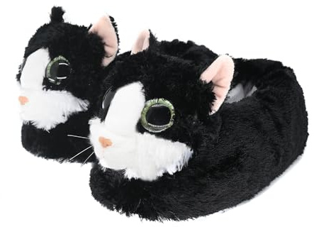 Fuzzy vinterdjur katt plysch mjuk kattunge tofflor för män kvinnor och barn, underbar katt med stora ögon, Svart, 8-11 US