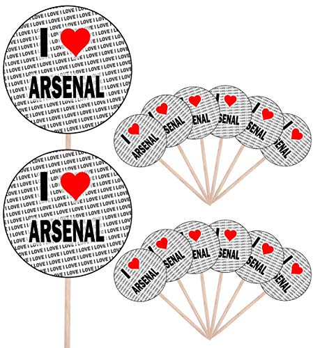 AK Giftshop I Love Arsenal - Party Food - Cake Cupcakes - Picks Sticks - Food Flags - Stand Up Decorations Toppers (14 Pack)