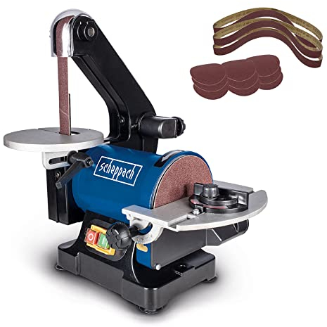 Scheppach BTS700 Band & Tellerschleifer Set | Inkl. 12-teiliges Schleifset (3x Schleifband / 9x Schleifpapier) | Bandschleifer | 250W Leistung | 25mm Schleifbandbreite | 125mm Schleifteller