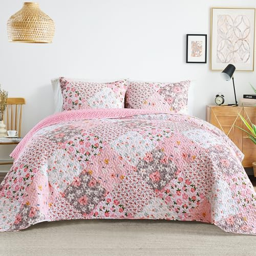 Whale Flotilla Patchwork Quilts Queen Size, Extra Soft Boho Floral Bedspreads for Bed Reversible Lightweight Full Queen Quilt Bedding Set Printed Coverlets with 2 Pillow Shams for All Seasons, Pink