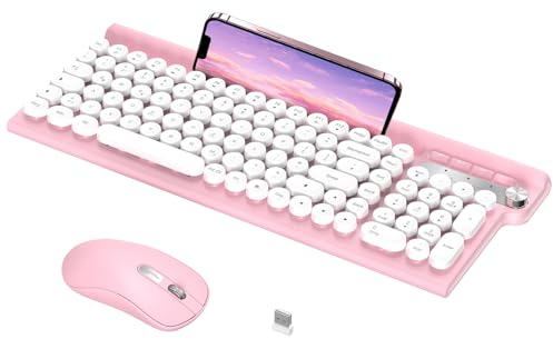 Tastatur Maus Set Kabellos 2.4G,RaceGT Schreibmaschine Runde Tasten Rosa, Handy und Tablet Halterung, Volume Knob, Nummernblock, Batteriebetrieben und Energiesparend, QWERTZ Deutsch Layout