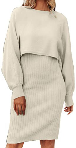 Strickkleid Damen Herbst Winter 2 Teiler Sweater Kleid Pullikleid Warm mit Pullover Winterkleider Strickkleid Schnitt Grobmaschig Zweiteiler Party Outfit Enges Herbst Herbstkleid