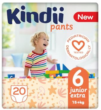 Kindii Baby Windeln Pants – (1x20 Stück) Baby Windeln – Nachthöschen, Höschenwindeln, Nachtwindeln – Junior Extra Größe 6, 15+ kg – 20 Stück