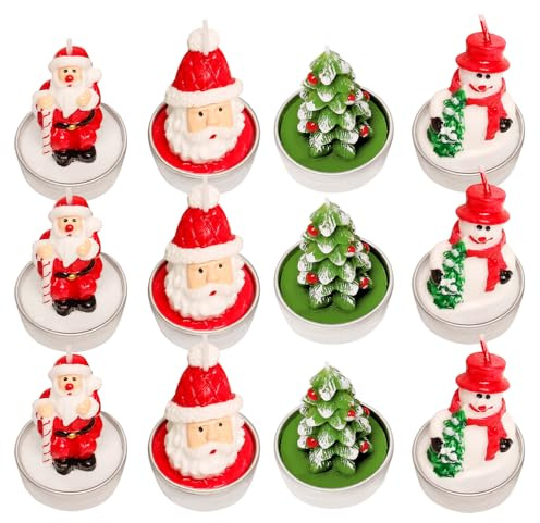 PLLYPE Weihnachten Teelicht Kerzen, 12 Stück Weihnachtsmann Schneemann, Weihnachtsteelichter, für Haus Hochzeit Party Geschenke