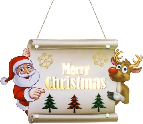 SPORWAY Feliz Navidad Letrero Colgante: Decoración de Merry Christmas con luz LED, adorno navideño colgante, señal de bienvenida para puerta principal, hogar, ventana de pared, jardín