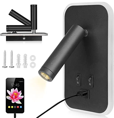 UrbanHomes Lampada da parete a LED, 12W Lampada da Lettura Sul Comodino con interruttore Porta di ricarica USB, Applique da Corridoio per hotel in camera da letto (Luce Calda 3w + 9w) (Nero)