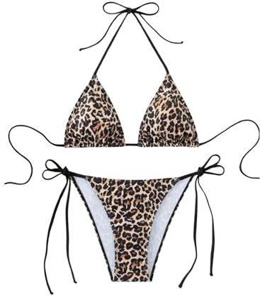 GORGLITTER Women's Leopard Print Bikini Sets Halter Triangle Tie Side Backless 2 Piece Sexy Swimsuits Brown Medium