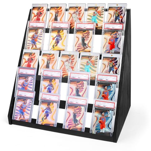 5-Tier Card Display Stand,Wood Trading Card Display for Graded Cards,Sports Card Display Case for PSA CGC SGC BGS Slabs - Large Capacity Graded Card Display for Collectors (Black)
