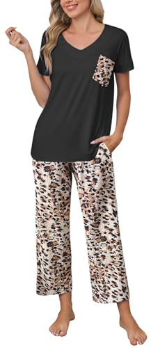 Famulily Ladies Loungewear Sets for Womens Leopard Pyjamas Summer Leisure 2 Piece Nightwear Set Sleep & Lounge Tops and Loose Fit Wide Leg Pants S