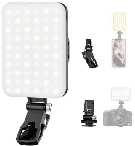 BDDFOTO Tragbares Clip-On-Licht, 60 LED Wiederaufladbares Handy-Fülllicht, CRI 97+, 3200-5600K, 10 Helligkeitsstufen, 2200 mAh, für Selfie, Make-up Vlog und Video