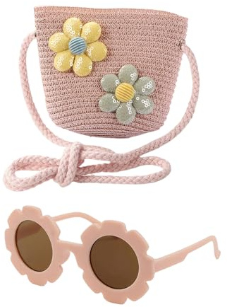 AWAVM Set di borse a tracolla per ragazze, graziosa borsetta per bambini con occhiali da sole a fiori, borsa intrecciata regolabile per bambini (rosa/beige, 12 x 14 cm), rosa, 59*28*10cm