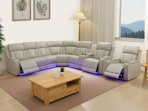Toseslo Power Recliner Sectional Sofa Set, Living Room Furniture Sets, Leather Reclining Corner Couches and Chair, 2 Recliner Chair with Cup Holder/Storage Console for House/Living Room(Beige)
