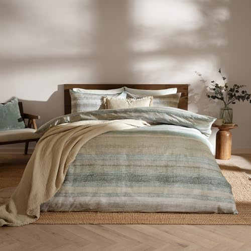 Yard Swift Duvet Cover Set – Soft Reversible Striped Brushed Cotton Earth Toned Bedding Set (Eucalyptus - Super King)