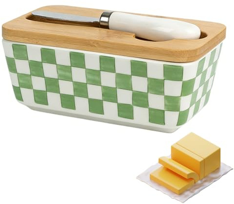 Mantequilla de cerámica con tapa de madera y cuchillo de mantequilla, gran capacidad, porcelana, multifuncional, para el hogar y la cocina, buen sellado (diamantes)