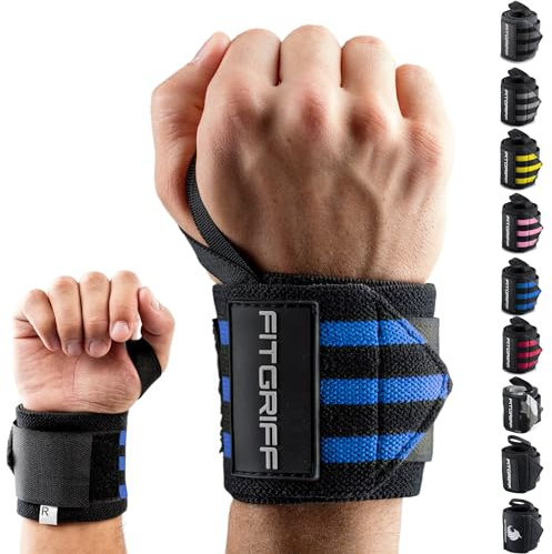 Fitgriff® Handgelenk Bandagen [Wrist Wraps] 45cm Handgelenkbandage für Fitness, Handgelenkstütze, Bodybuilding, Kraftsport & Crossfit (Schwarz/Blau)