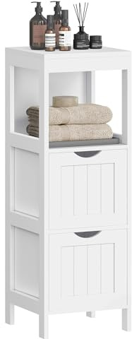 VASAGLE Storage Cabinet, Storage Organizer Rack Stand for Bathroom, Living Room, Multifunctional Corner Unit, 2 Drawers, 35 Inches in Height, White UBBC42WT