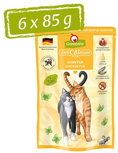 GranataPet Delicatessen Pollo PUR, cibo umido per gatti, cibo senza cereali e senza zucchero, cibo per gatti ad alta percentuale di carne e oli di alta qualità, 6 x 85 g
