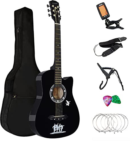 4/4 Size 38 Classic 6 Strings Acoustic Guitar Full Package Pack with Accessories (Black)