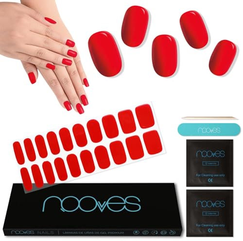 NOOVES Láminas de Gel para Uñas | 20 uds Crimson Red, Semicuradas y Veganas con Lima y Palito de Naranjo