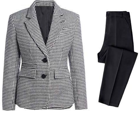 Drkobr Donna Completo 2 Pezzi Giacca Pied-de-Poule e Pantaloni Tinta Unita Lavoro Casual Outfit Giornaliero