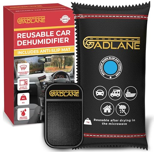 GADLANE X-Large Reusable Car Dehumidifier 1KG - Car Moisture Absorber with Dashboard Anti-Slip Mat Eliminates Foggy Windscreen - Home, Wardrobe, Condensation Absorbers, Silica Gel Bags 1KG