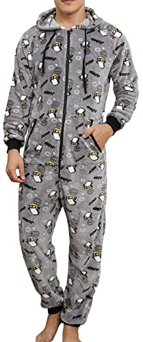 Tuta Pigiama da uomo a maniche lunghe in lana artificiale, tinta unita, con cerniera, con cappuccio, invernale, 1 pezzo, in pile, grigio, XL