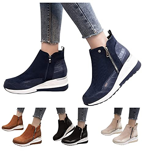 Bottines pour femme | Bottes de veau à talons à bout rond - Bottes compensées tendance et confortables - Bottes de marche orthopédiques - Couleur unie - Fermeture éclair latérale - Bottes de randonnée