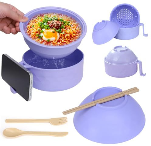 EOAMGO Ramen Bowl Set with Lid, Chopsticks and Fork - 1200ml Large Portable Soup Container, Microwave Safe, BPA Free Salad Bowl (Purple)