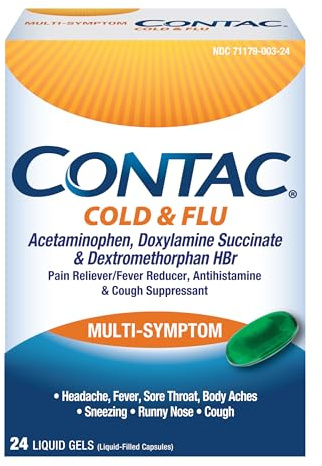 Contac Cold & Flu Medicine, Powerful, Multi-Symptom Relief for Pain, Fever, Sore Throat, Body Aches, Sneezing, Runny Nose & Cough, 24 Count Liquid Gels