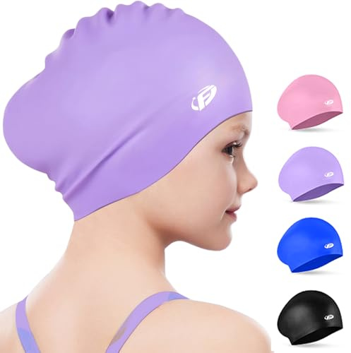 Kinder-Badekappe für Mädchen und Jungen, Silikon-Badekappe für Kleinkinder, Kinder und Jugendliche, wasserdichte Badekappen für langes Haar, um das Haar trocken zu halten (Lila)