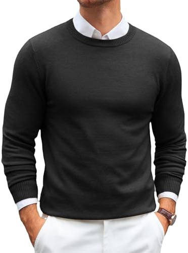 Runcati Maglione da uomo a maniche lunghe, girocollo, lavorato a maglia fine, vestibilità regolare, leggero, tinta unita, basic, maglietta da uomo, Nero , XXL