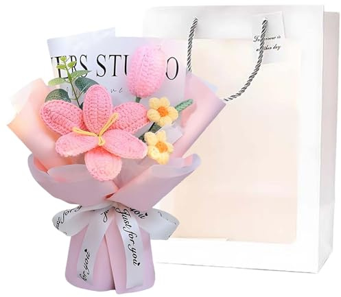 BDBFPAN Fiori all'uncinetto,Fiori artificiali,Bouquet di tulipani rosa,Adatto per decorazioni domestiche e regali in occasioni speciali come compleanno anniversario