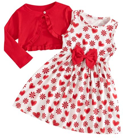 Pilipulu Vestito Bowknot Bambina con Cardigan Vestitos Floreali Abito Girocollo A-Line Abiti Senza Maniche Bambine e Ragazze Manica Lunga Cappotto Volant Cuore Rosso 4 Anni