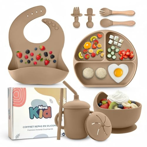 vajilla bebe silicona, Ideal como regalo bebe, Set comida bebe con plato ventosa cubiertos Infantiles ergonómicos y vaso, Kit vajilla 1 año sin BPA, Seguro, bonito y fácil de limpiar (Beige)