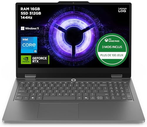 Lenovo LOQ Essential 15IRX11 - Ordinateur Portable Gaming 15.6'' FHD 144Hz (Intel Core i5-13450HX, RAM 16Go, SSD 512Go, NVIDIA RTX 5050 8GB, Windows 11 Home) Clavier AZERTY Français - Gris