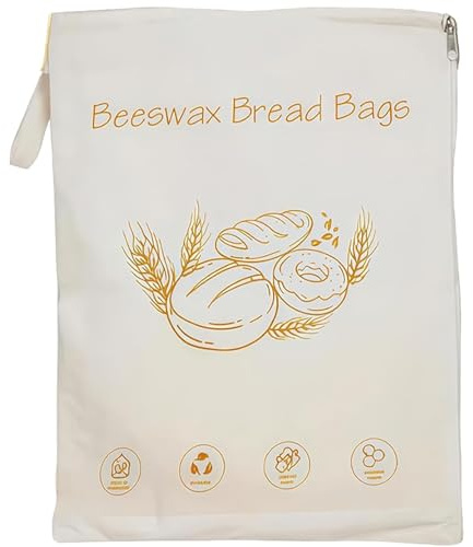 Bolsa de pan de algodón y cera de abeja con cremallera ancha, bolsas de pan reutilizables grandes con cremallera para masa madre y pan casero, forro de cera de abeja de algodón natural apto para
