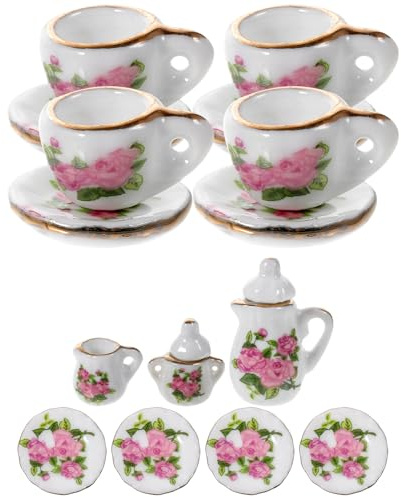 Mikinona Juego de Té Miniatura Cerámico 15 Piezas Accesorios para Casas de Muñecas en Miniatura Vajilla Decorativa Flores Coloridas Set Obsequio para Decoración de Mini Casas