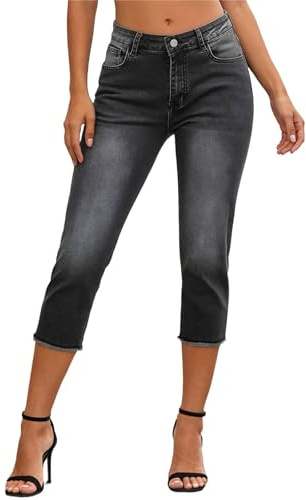 Vaqueros Piratas Elásticos para Mujer, Pantalones Tejanos Capri con Dobladillo Desgastado Lavado, Vaquero Recto de Ajuste Cómodo para Verano Diario.