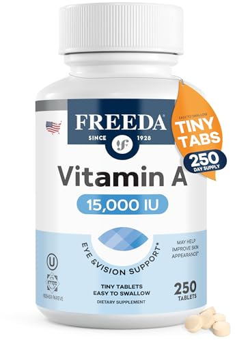 Freeda Vitamin A 15,000 IU – Retinyl Palmitate – Vegan, Kosher, No Fish – Eye, Vision, Immune & Skin Support – Tiny Easy-to-Swallow Tablets – VIT A Vitamina A Supplement – 250 Tablets