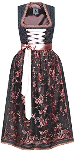 Alpenmärchen Midi Dirndl de colección exclusiva con delantal de encaje de tallas 34 hasta 60 – ALM750, Negro y rosa envejecido., 52