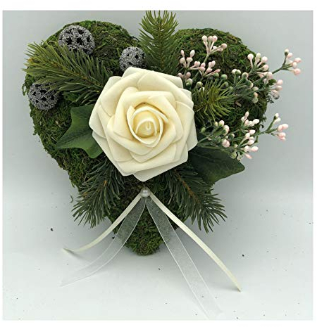 Radami Grabgesteck Grabschmuck Grabaufleger Moosherz Grabherz Trauerherz Grab Herz Gesteck und Rose (Rose Creme)