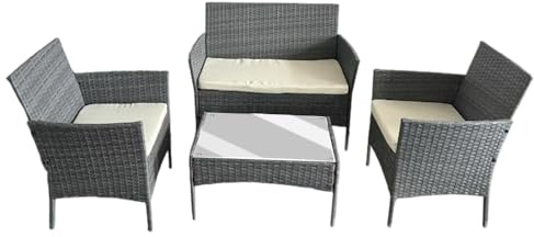 COZYBRITE Rattan Garden Furniture Sofa Set with Coffee Table Chairs 4 Seater for Outdoor Patio Balcony 6210-B (Mixed Grey+Beige Cushions)
