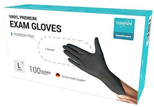 EUROPAPA® 100x Vinylhandschuhe Einweghandschuhe Untersuchungshandschuhe Einmalhandschuhe latexfrei puderfrei Vinyl Handschuhe in Gr. S, M, L & XL verfügbar (Schwarz Premium, L)