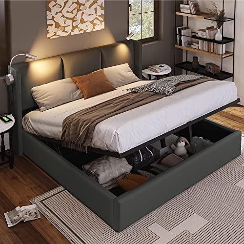 FEZTOY Polsterbett 160x200cm, Doppelbett mit Stauraum, Bettgestell Bett mit Hydraulisch/USB Ladefunktion/Leselicht/PU- Kopfteil-Jugendbett, ohne Matratze (Gray-160x200)